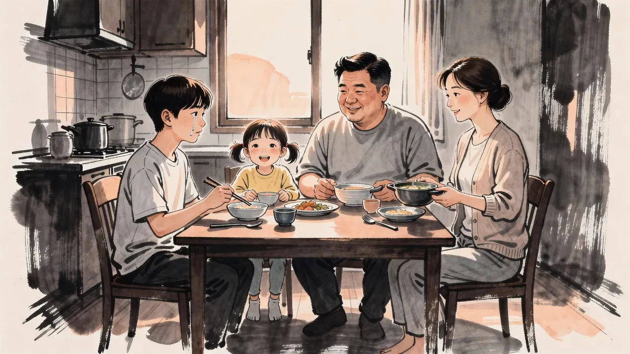 At a family breakfast table a teenage boy sits frozen with tears on his face, staring at his puzzled father, while his mother pauses with a pot and his little sister giggles.