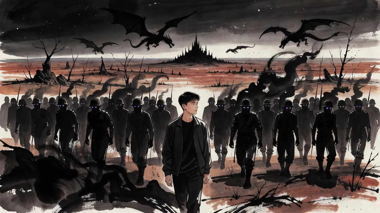 A lone young man seen from behind walks across an endless barren plain of rock spires under a dark sky, a vast army of smoky shadow soldiers and shadow dragons behind him and a black palace on the horizon.