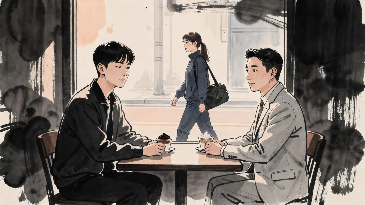 In a bright café a teenage boy at a window table turns toward the glass while a nervous man in a pale suit sits across from him; outside, a schoolgirl in a tracksuit walks past in the sun.
