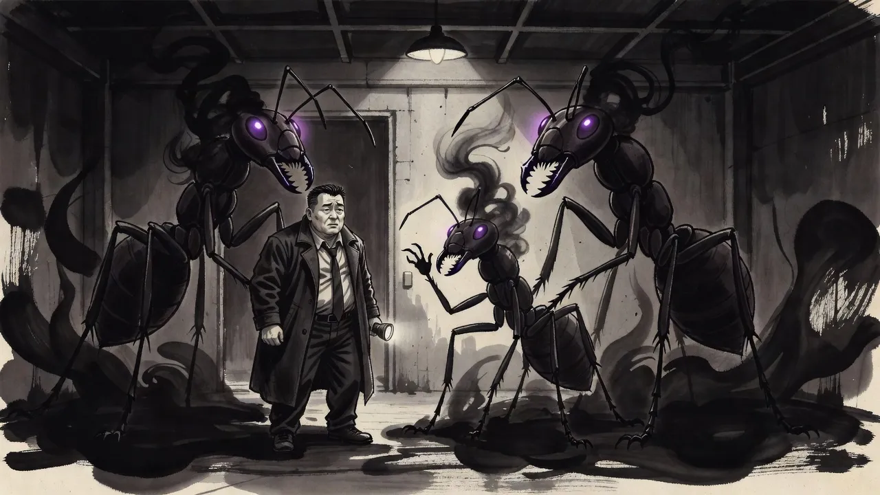 A detective in a rumpled overcoat stands frozen in a warehouse doorway as giant ants made of black smoke rise in front of him, the nearest one lifting a claw in a little wave.