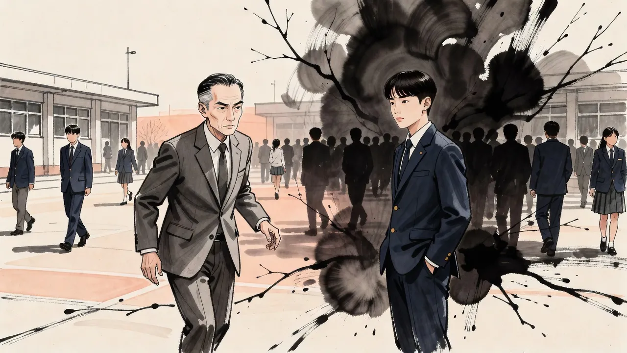 In a sunny school courtyard a severe teacher in a grey suit recoils, hand half raised, from a calm student around whom a great dark aura of ink rises.