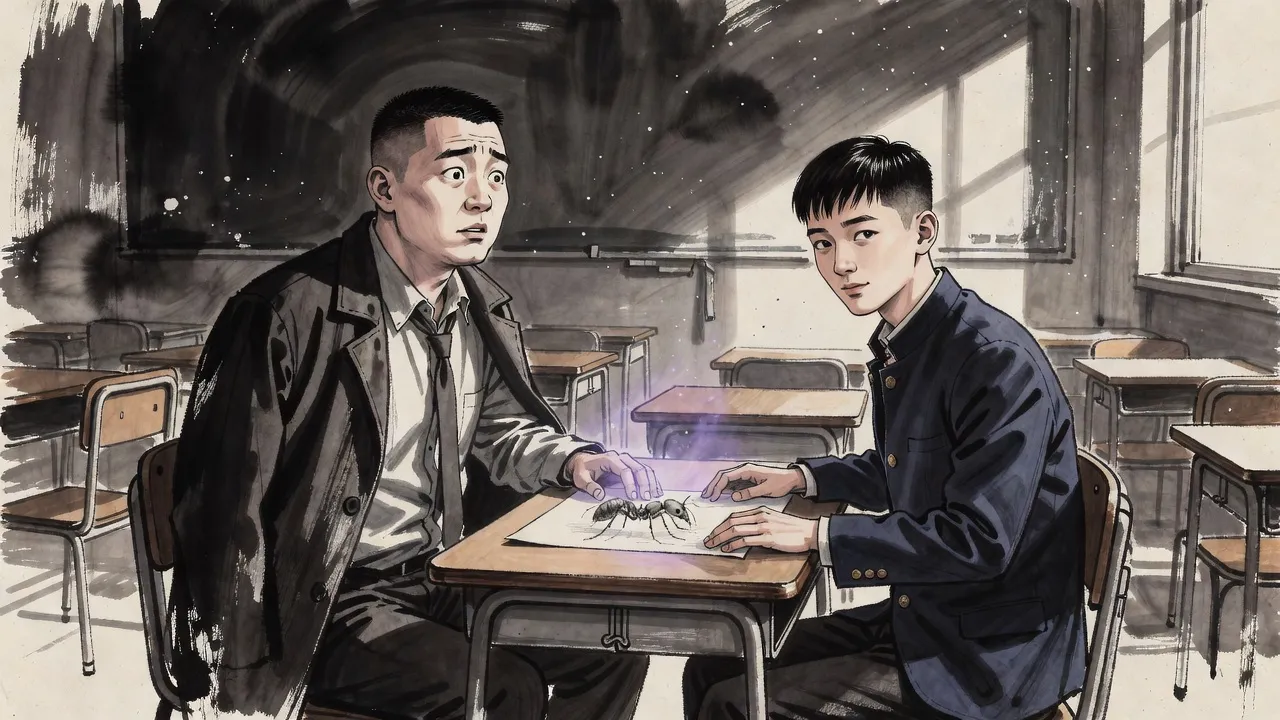In an empty classroom a detective stares wide-eyed across a desk at a calm student, a pencil drawing of a giant ant on the paper between them.