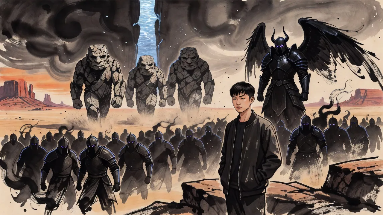 Colossal rock giants stride out of a blue rift in the sky over a red desert while a wave of smoky shadow soldiers led by a winged general rises to meet them and a young man watches from a ledge.