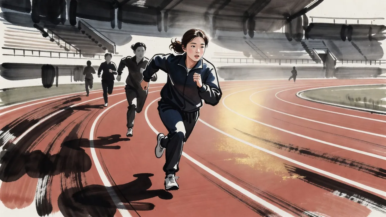 A teenage girl in a dark-blue tracksuit sprints down a stadium track in bright afternoon sun, well ahead of the other runners.