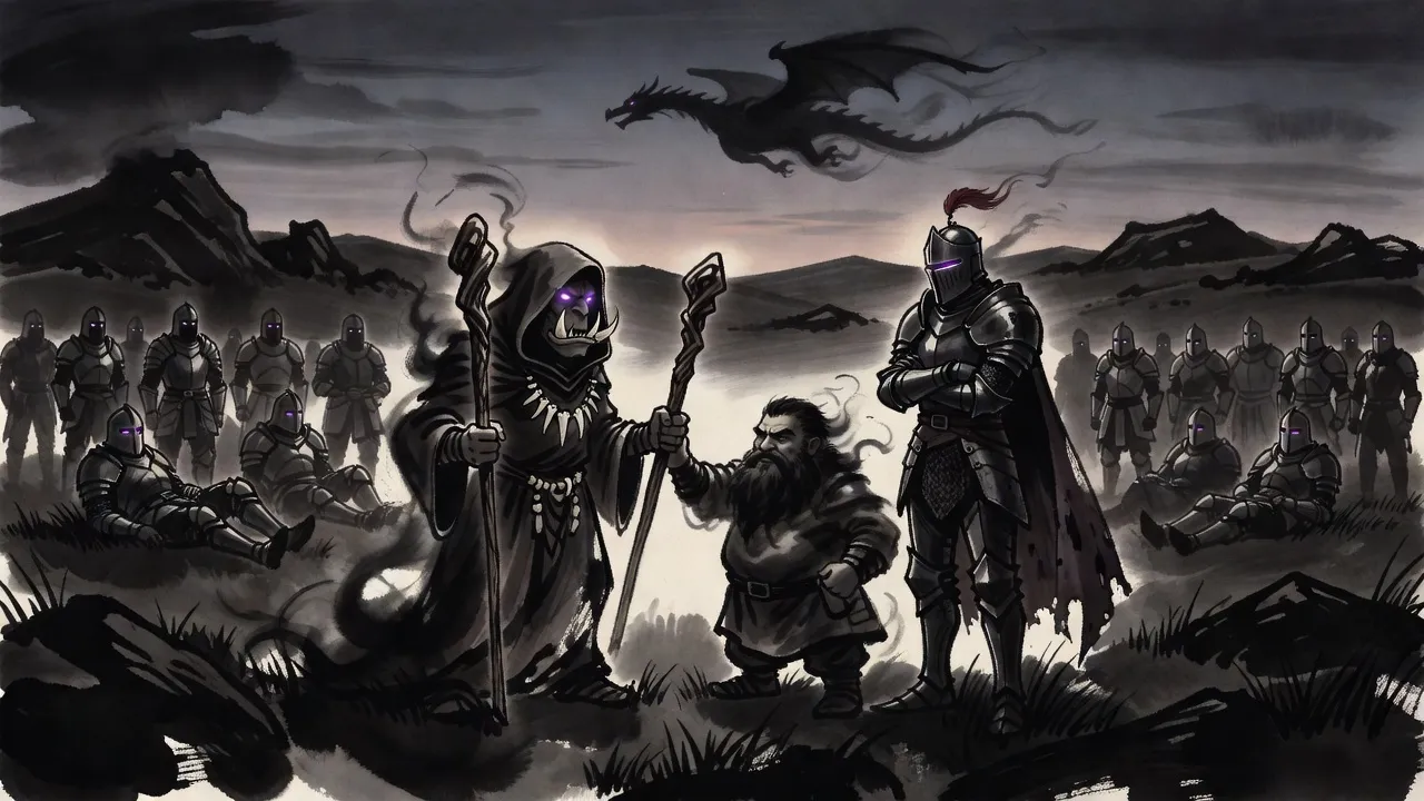 In a twilight country of black rock, a hooded orc shaman admires a newly carved staff held up by a stocky bearded dwarf made of smoke, while an armoured knight looks on and shadow soldiers drill behind.