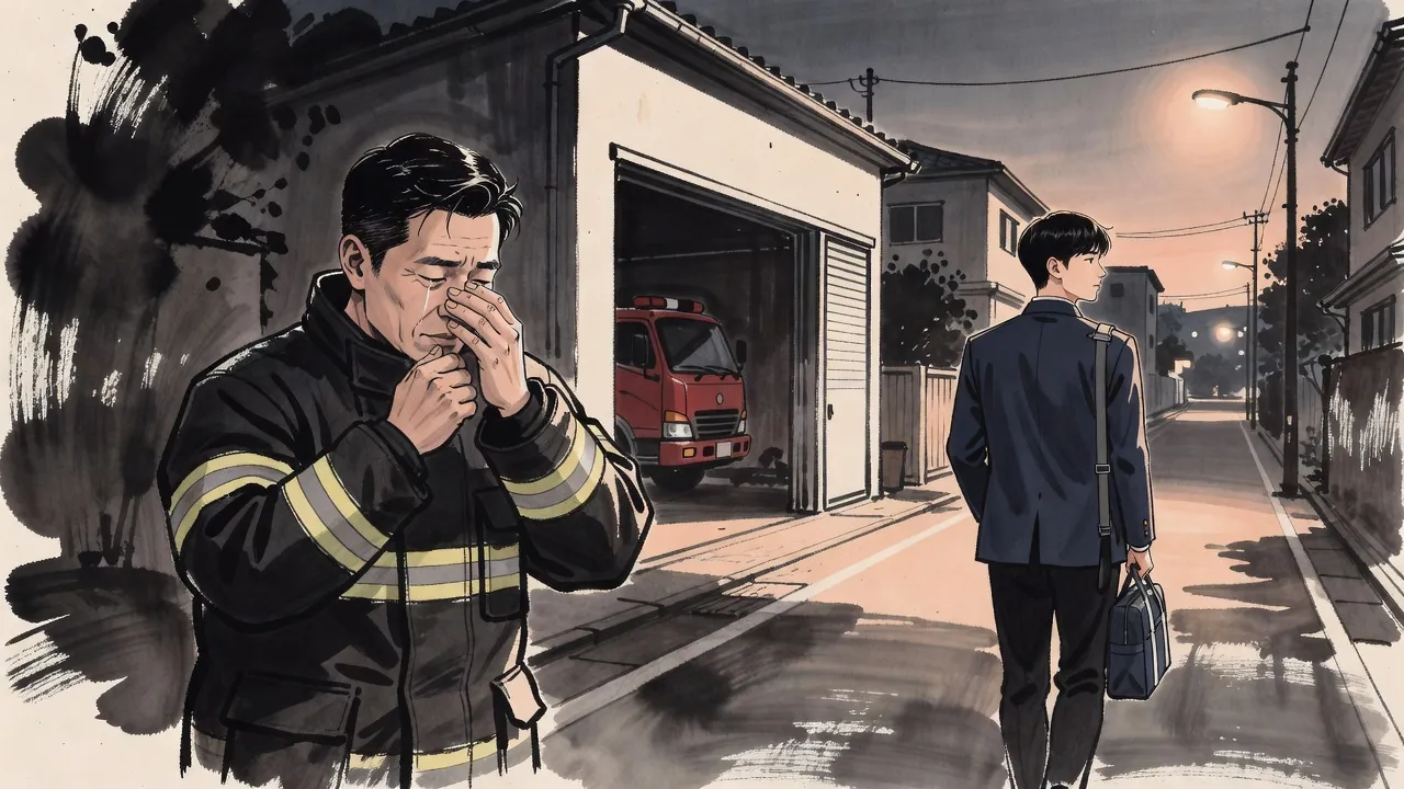 Outside a small fire station at dusk a firefighter presses a hand over his eyes while, down the street, a schoolboy with a bag walks away.