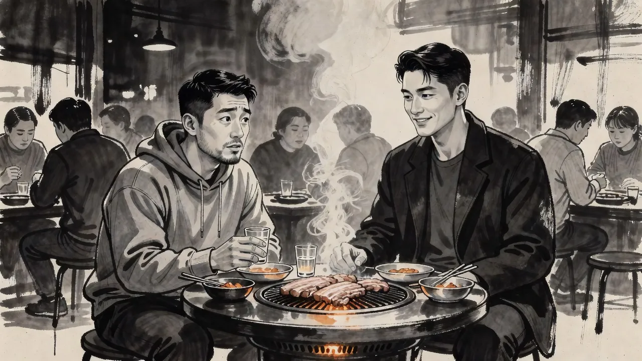 In a smoky barbecue restaurant a nervous young man clutches a glass while across the grill another young man sits down with an amused smile.