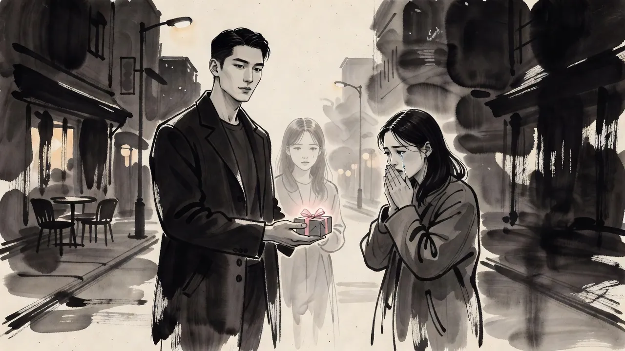 On a city pavement at dusk a man in a dark overcoat holds out a small wrapped present to a young woman who covers her mouth and cries, while a faint figure of a young woman made of smoke watches from behind him.