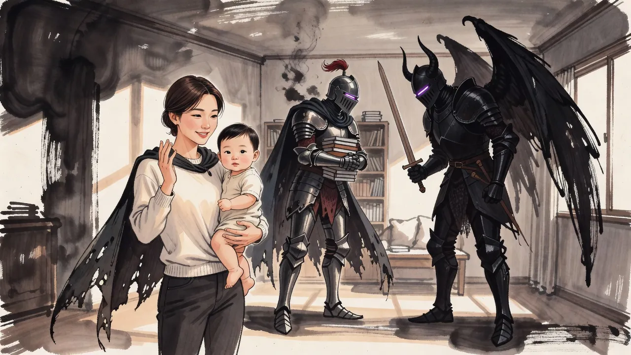 In a sunny living room a woman holding a baby raises a hand to quiet two towering armoured shadow figures arguing behind her, one with schoolbooks and one with a wooden sword.