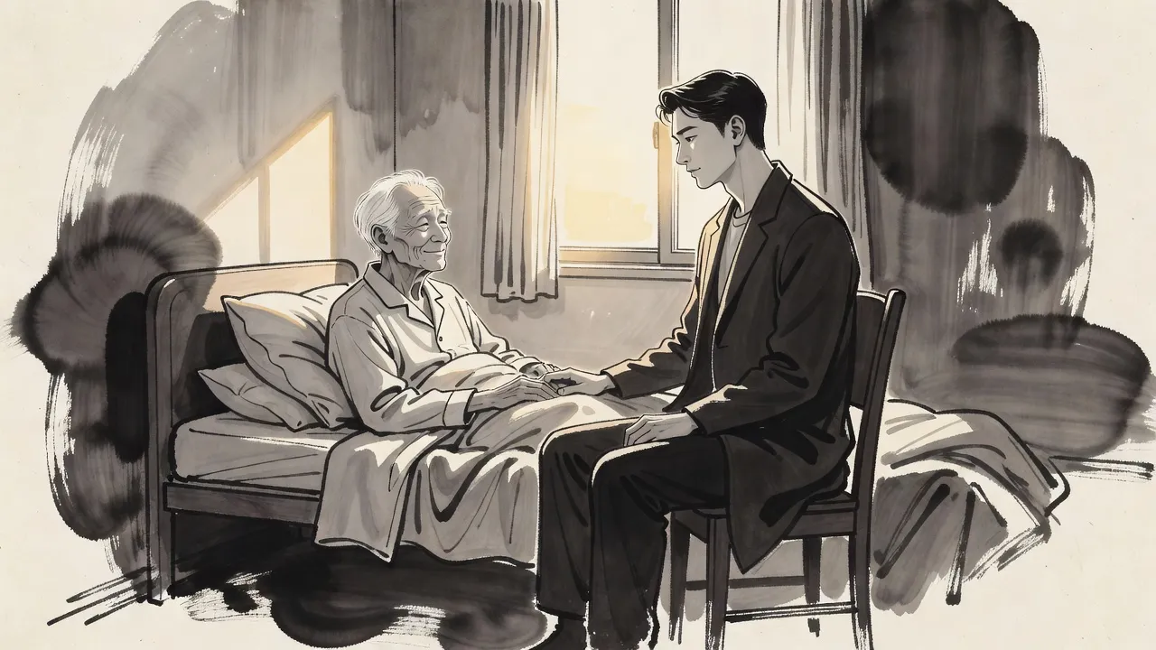 In a sunlit hospital room a very old man propped on pillows looks toward the window with wet eyes and a faint smile while a younger man sits beside the bed, his hand on the old man’s.