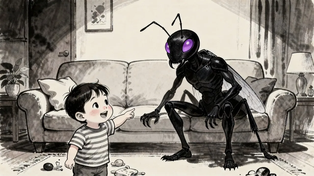 A towering ant-like shadow knight crouches behind a sofa far too small to hide him while a laughing toddler points straight at him.