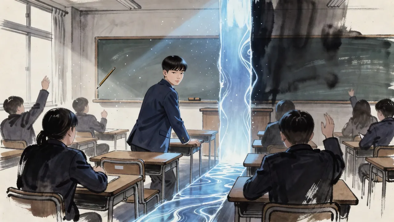 In a classroom frozen in time, students stopped mid-motion and a pencil hanging in the air, a teenage boy rises from his desk to face a tall rift of blue light in the aisle.