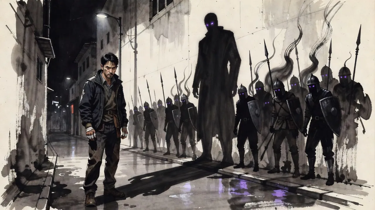 A tired young man in a cheap padded jacket stands under a streetlamp in a wet backstreet at night, while his shadow on the wall behind him rises into a towering figure with violet eyes at the head of ranks of shadow soldiers.