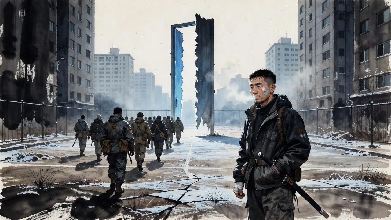 On a frosty winter morning a line of hunters walks across an empty lot toward a tall rift of blue light, and a tired young man in a cheap padded jacket trails behind them.