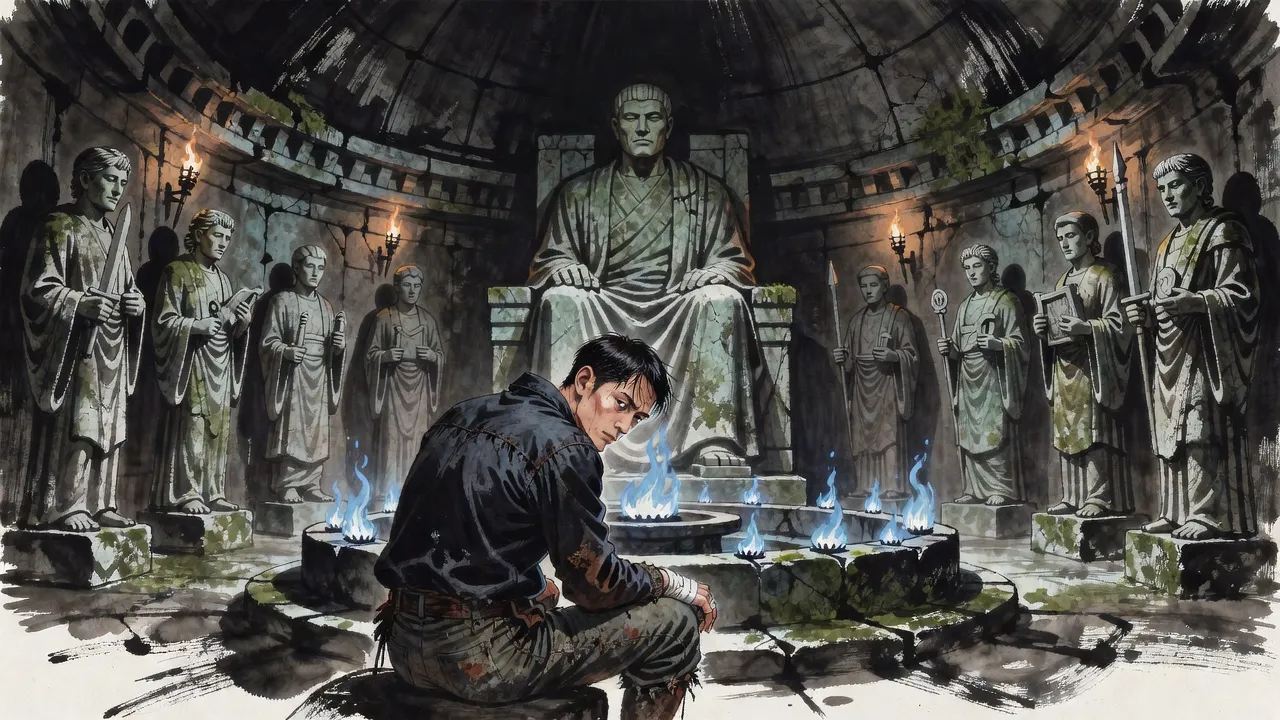Seen past the stone head of a sword-holding statue, a battered young man sits alone on a round altar ringed with small blue flames in a vast dark temple, a colossal seated statue looming beyond.