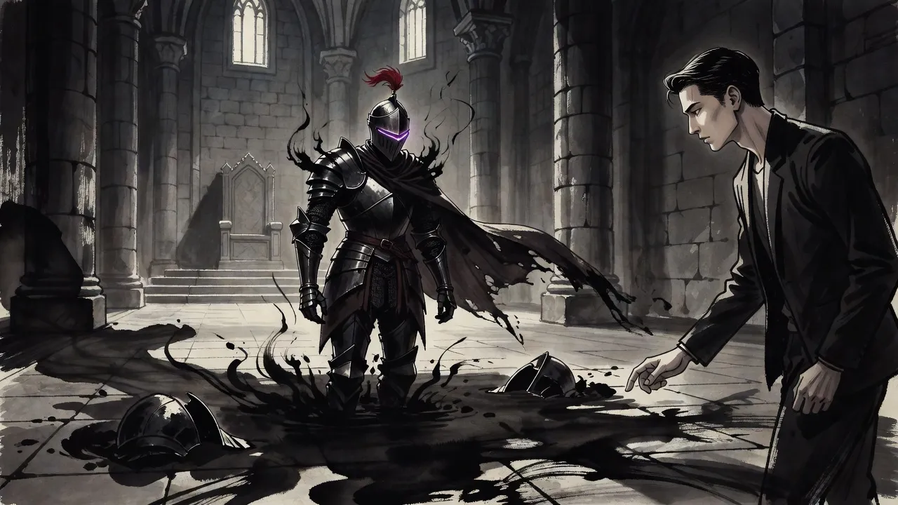 In a grey stone throne hall a knight of black smoke rises out of a pool of ink on the floor, his crested helm and one hand above the surface, while a young man stands over him with an open hand held low.