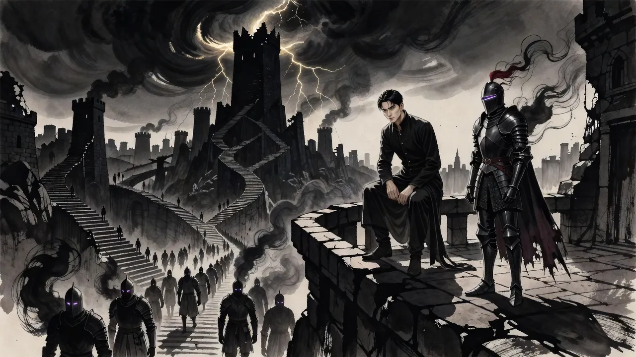 At night a young man in a long dark coat rests on the broken parapet of a balcony high in a ruined black fortress-city, a knight in dark smoking armour standing guard beside him, a storm-wrapped tower rising above them.