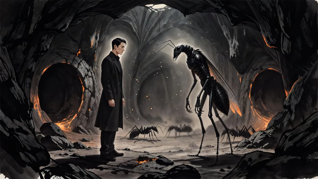 In a dark volcanic cavern a calm young man in a long dark coat and a towering black winged ant warrior face each other in profile at arm’s length.
