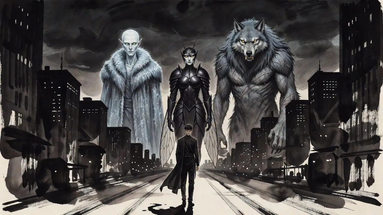 Three vast faint figures, a frost-pale lord, an armoured insect queen and a grey-maned beast-man, loom in the storm clouds over a night city, looking down at one small man on an empty avenue.