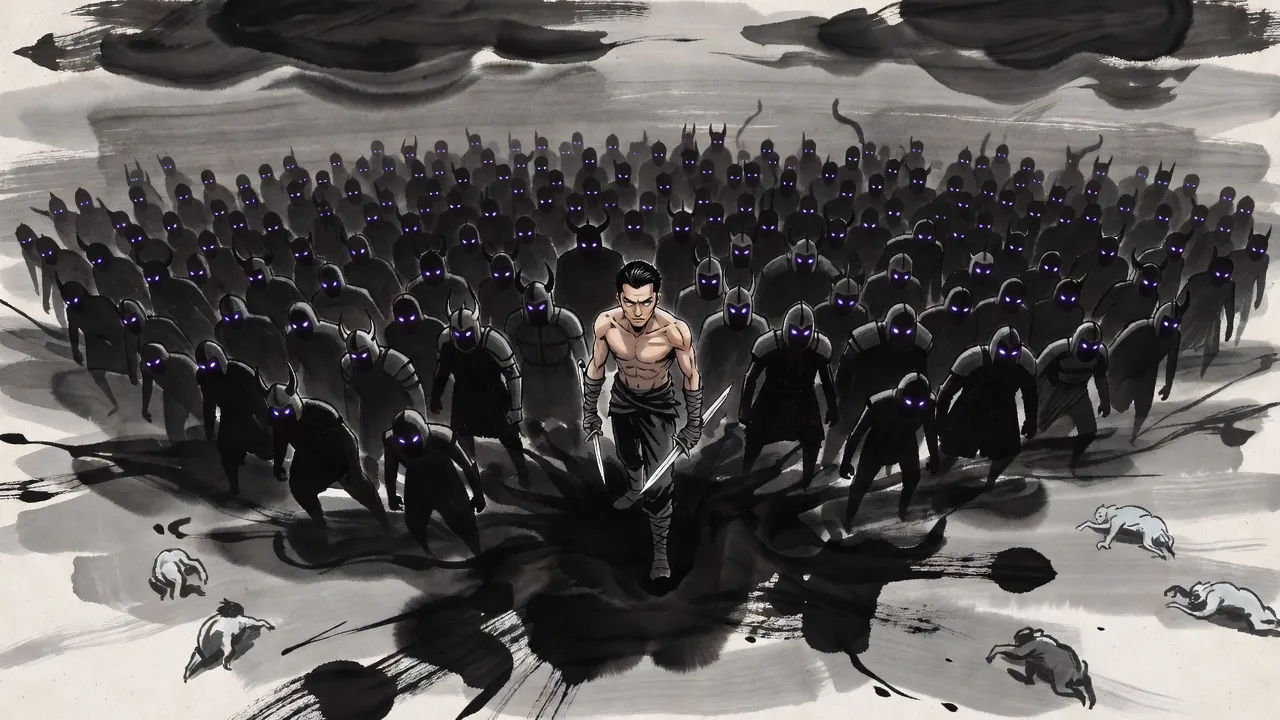 Seen from high above, a lone man stands at the centre of a vast grey plain while a flood of black ink spreads outward from his feet in every direction, thousands of shadow soldiers with violet eyes rising out of it.