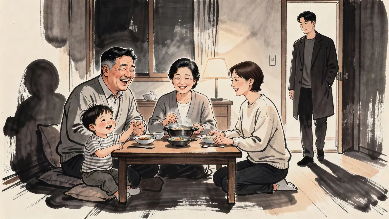 In a warm lamplit apartment an older couple, a young woman and a small boy gather round a low dinner table while a man in an overcoat pauses in the doorway, just home, watching them.