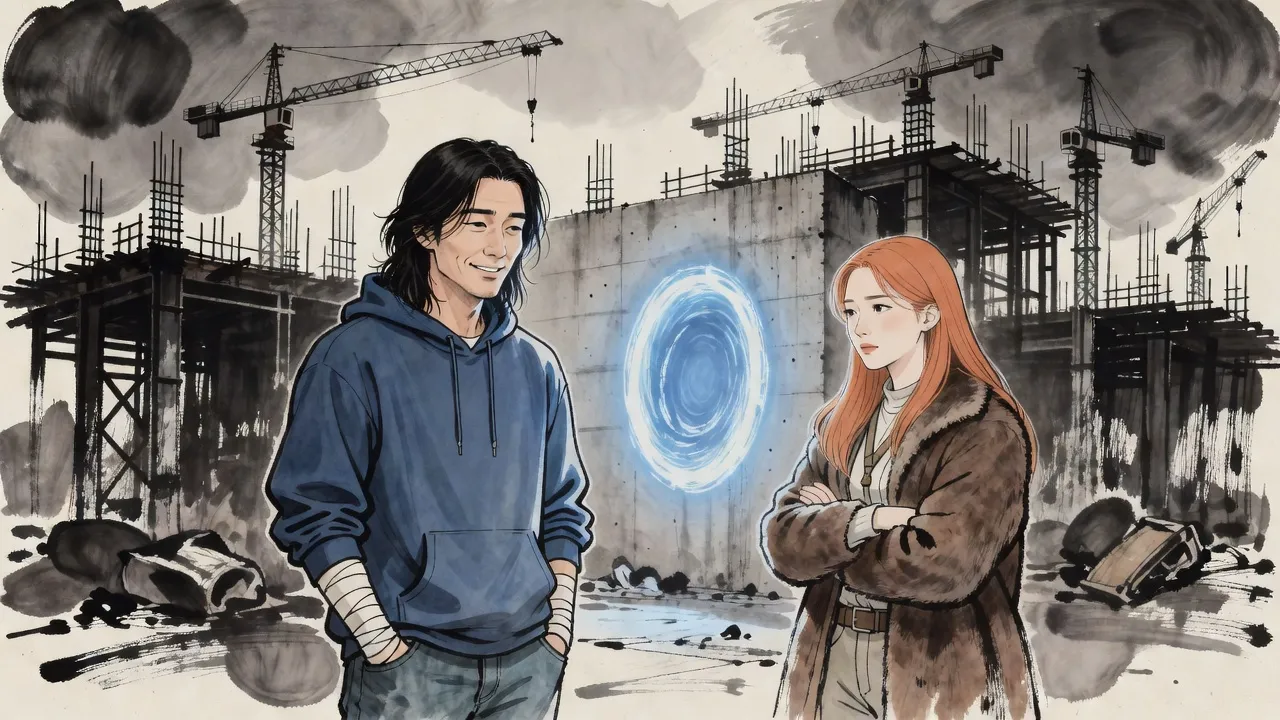 A thin young man in a blue hoodie with bandaged arms stands before a swirling blue portal on a building site while a woman with long orange hair frowns at him.