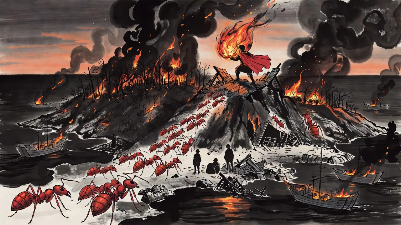 Warships ring a burning island at dusk while a tide of giant red ants pours down a scorched slope toward a few hunters, one hurling fire from a broken rooftop.