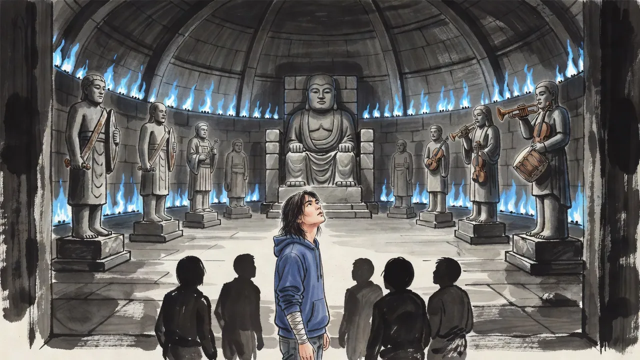 A handful of hunters stand small at the threshold of a vast domed hall lit by blue flames, statues along the walls and a giant stone god seated at the far end.