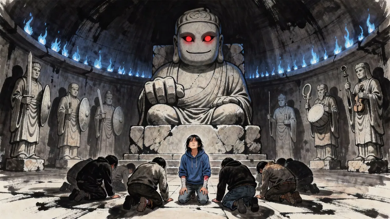 Survivors kneel on a stone floor before a colossal seated stone god whose eyes glow red and whose smile is widening as it begins to rise.