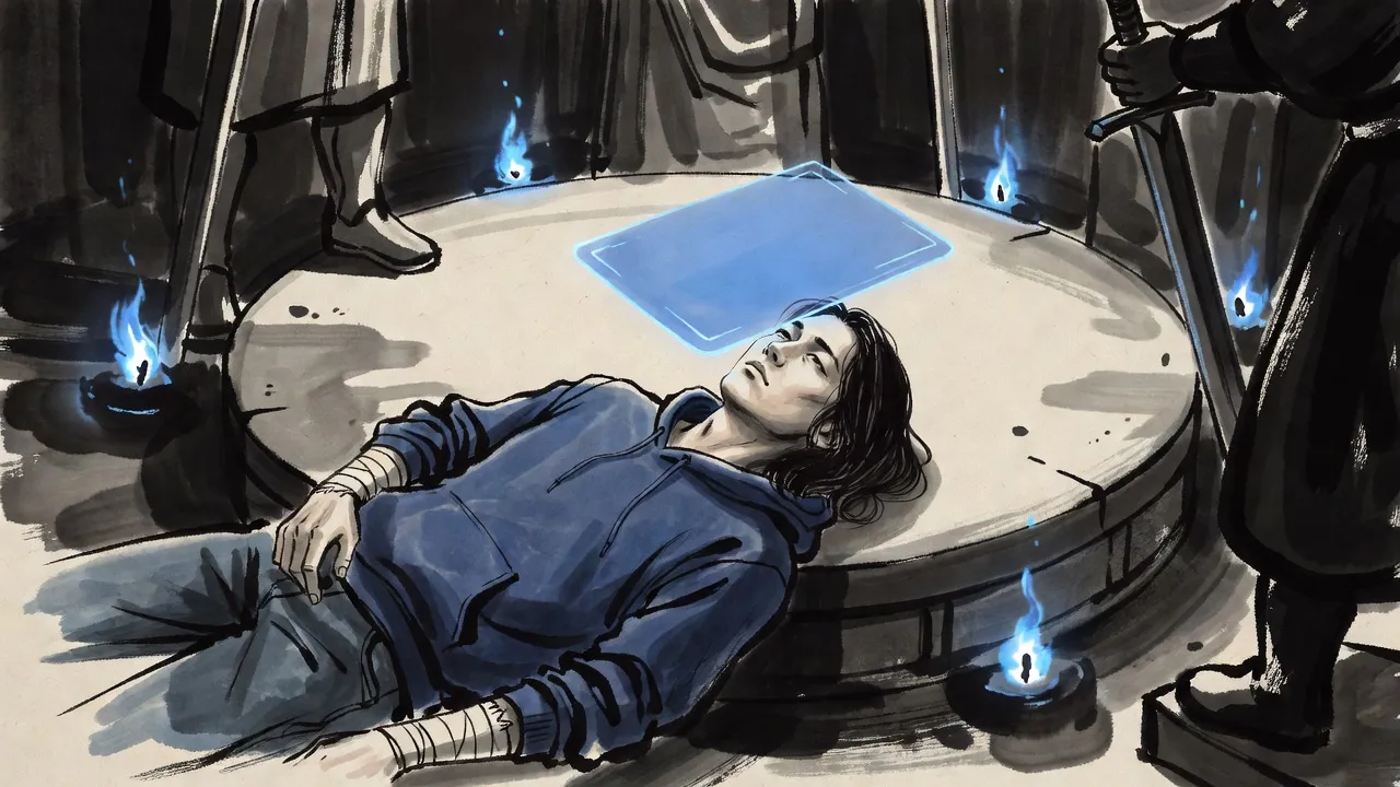 A young man lies slumped alone on a round stone altar in a dark hall as stone statues close in and a blank panel of blue light opens before his face.