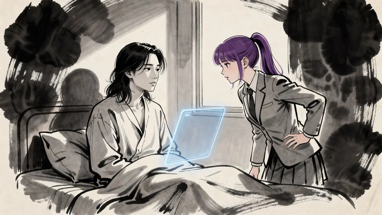 A young man sits up in a hospital bed staring at a floating blue panel while his sister in a school uniform scolds him without seeing it.