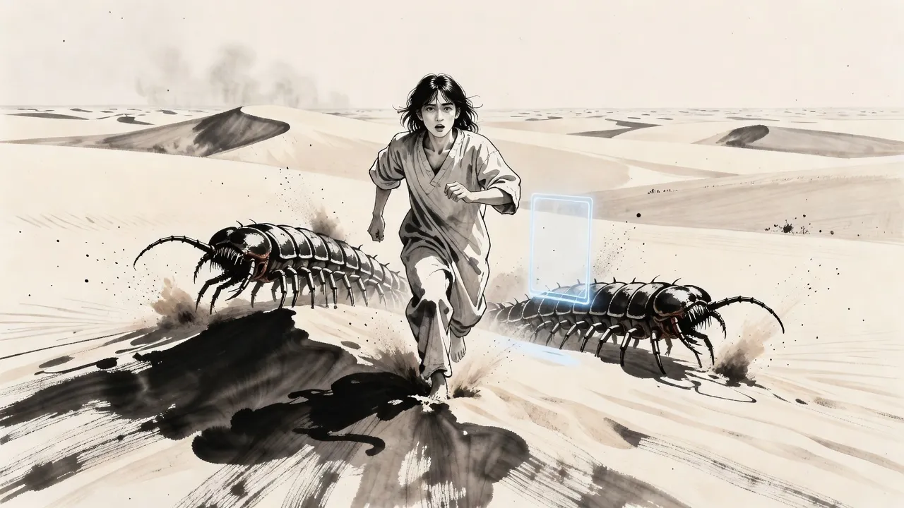 A young man in a hospital gown runs across endless dunes as giant centipedes burst from the sand behind him.