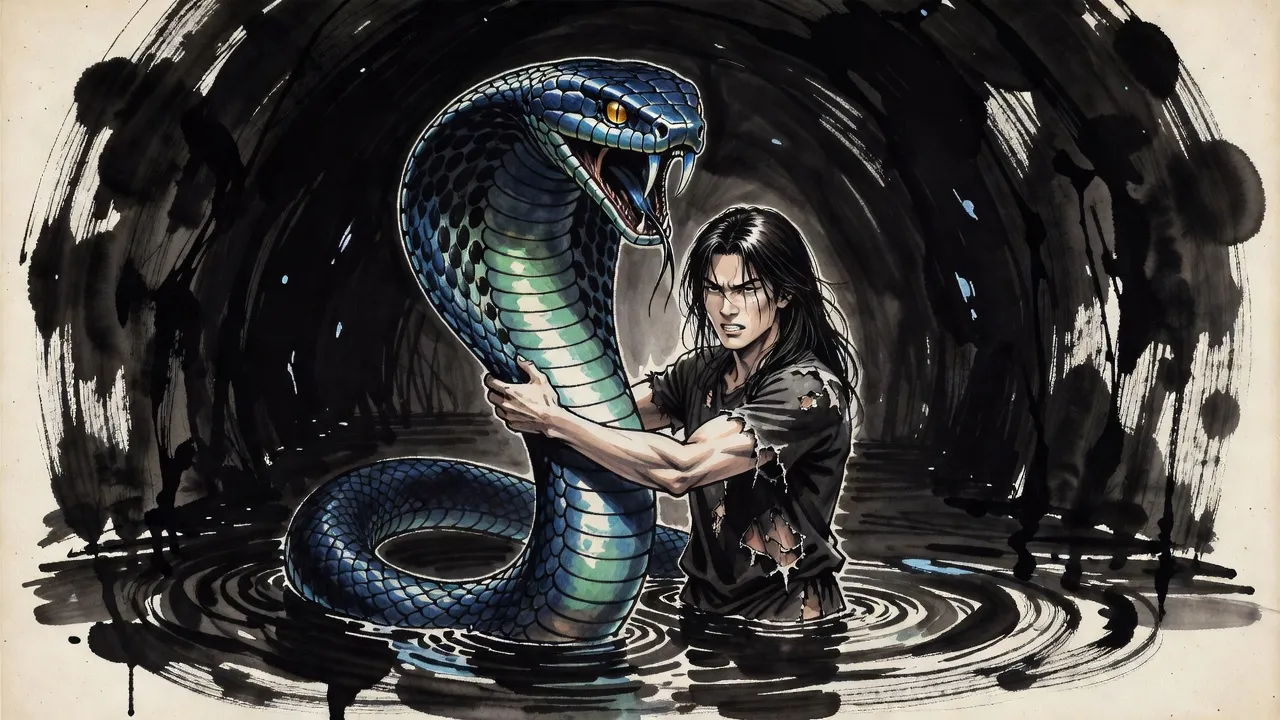 In a dark, half-flooded tunnel a young man clings to the neck of a house-sized blue cobra rearing above him.