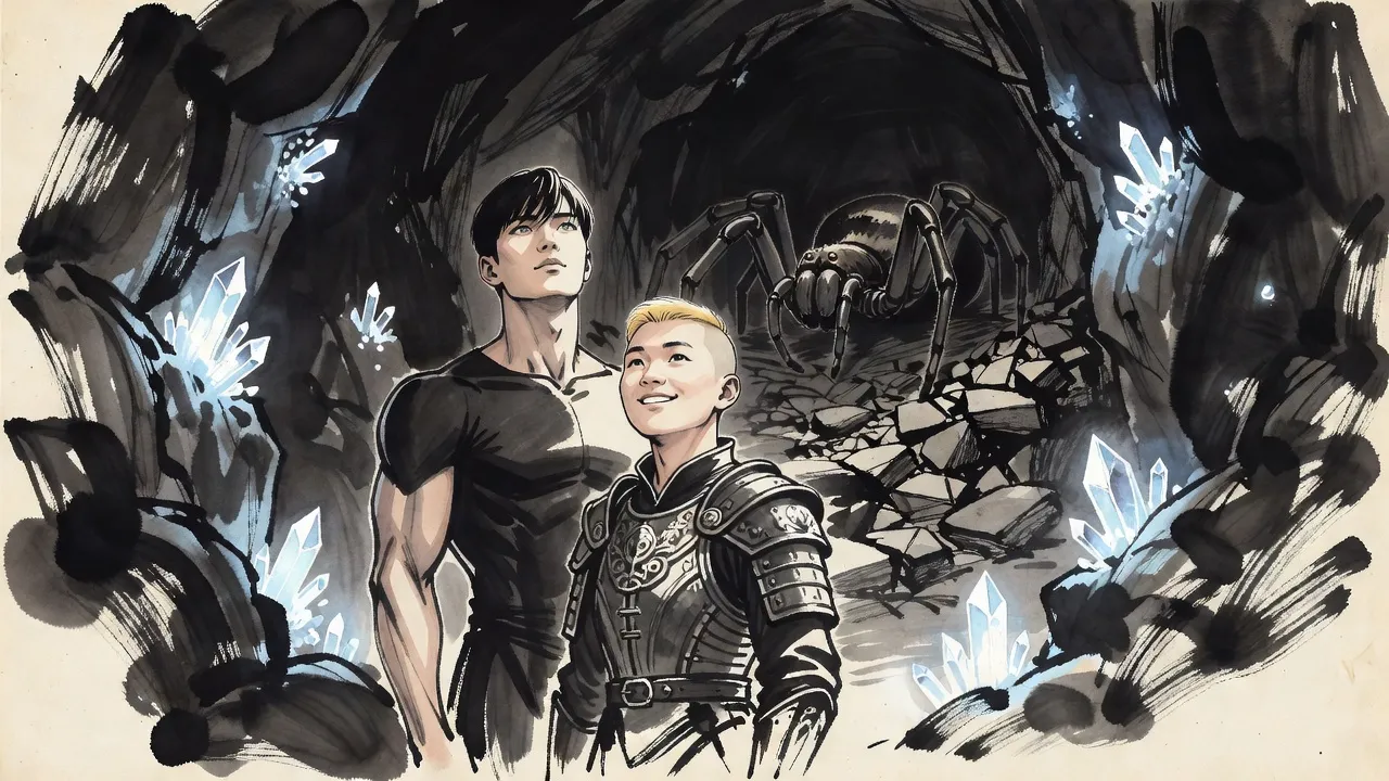 Two hunters stand in a dark cavern glittering with crystals, looking up at a giant spider asleep in the shadows, the entrance collapsed behind them.