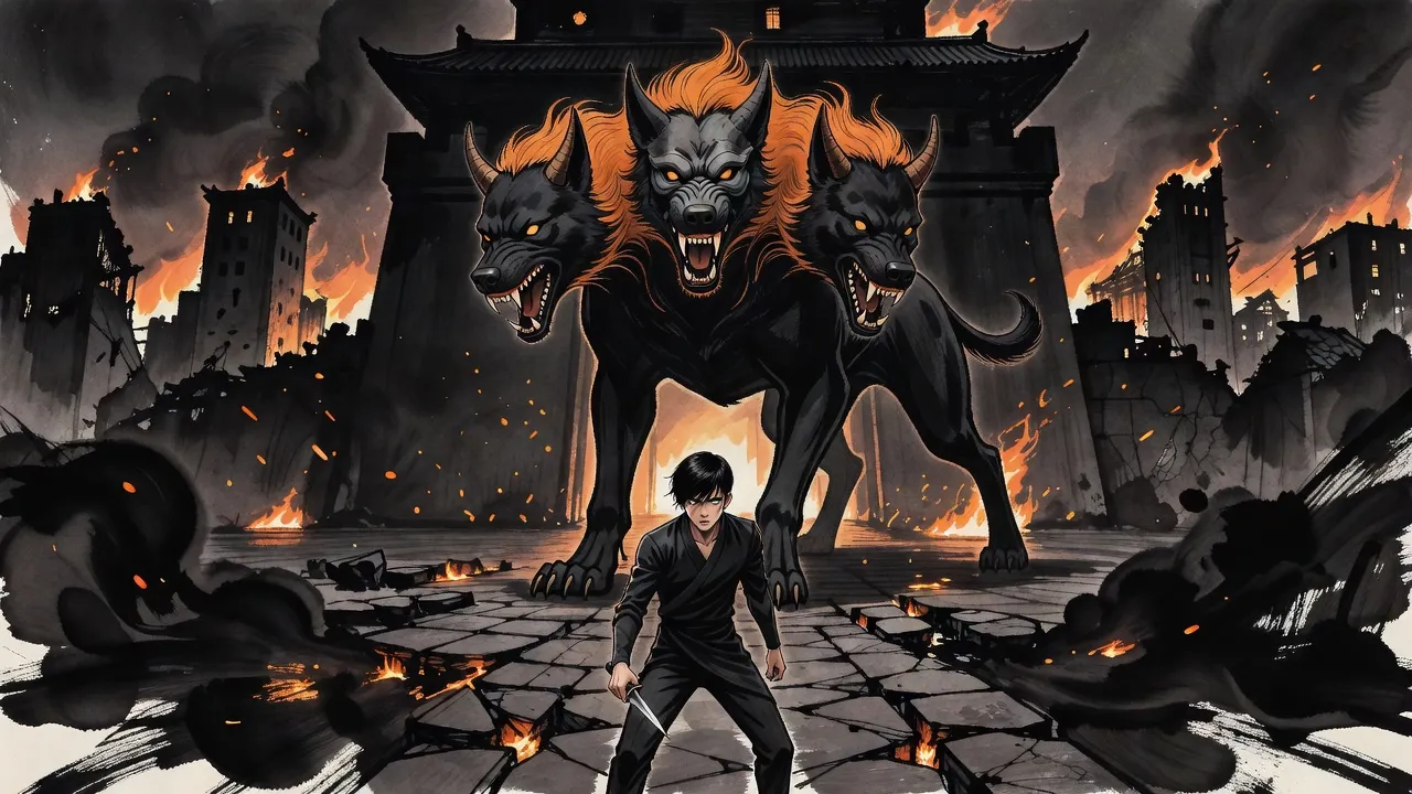 A lone man with a dagger faces a huge three-headed black hound before a burning castle gate in a ruined city.