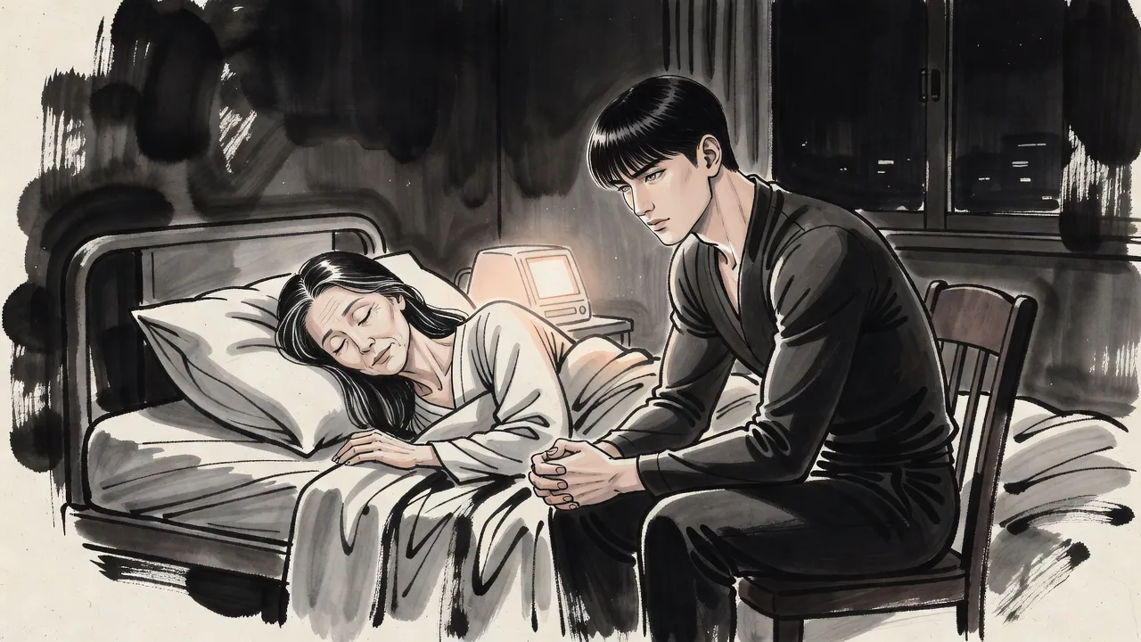 A young man sits beside his sleeping mother’s hospital bed at night, lit by a small lamp.