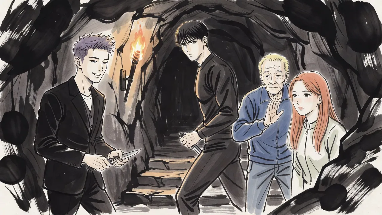 In a torchlit cave a young man with a dagger stands between a smiling, lanky man in a black suit holding two knives and an older one-armed man shielding a woman with orange hair.