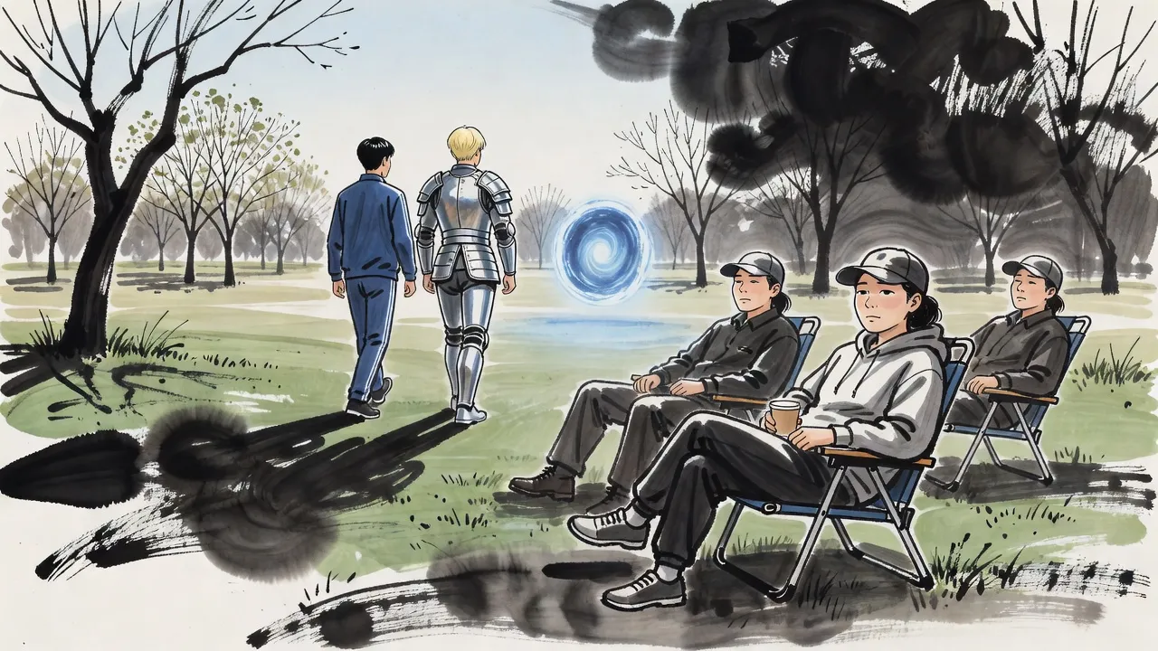 Hired hunters lounge on folding chairs on a lawn beside a swirling blue portal while two men walk into it.