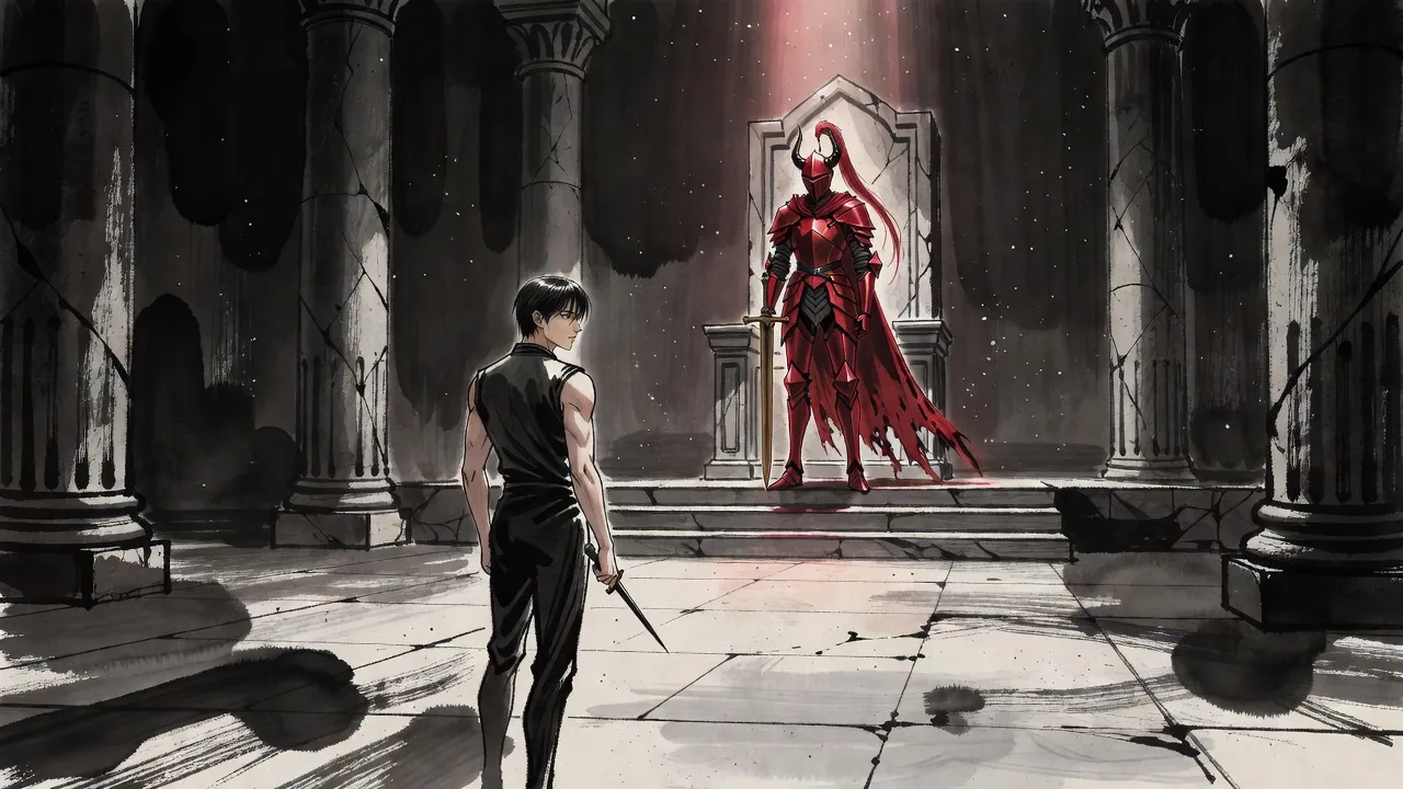 A towering knight in red armour stands before an empty throne in a pillared hall while a lone man steps in at the far end.