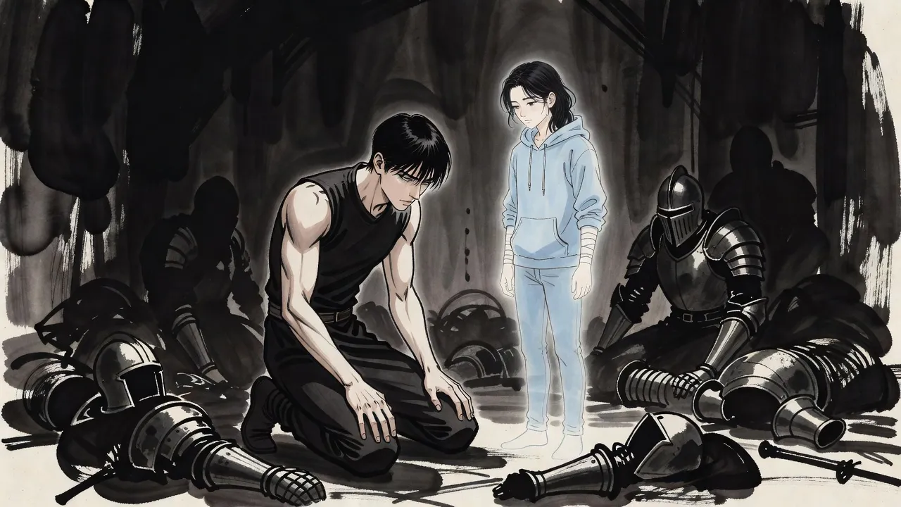 An exhausted young man kneels among fallen armour while a pale, see-through younger version of himself in a blue hoodie stands beside him, looking down.