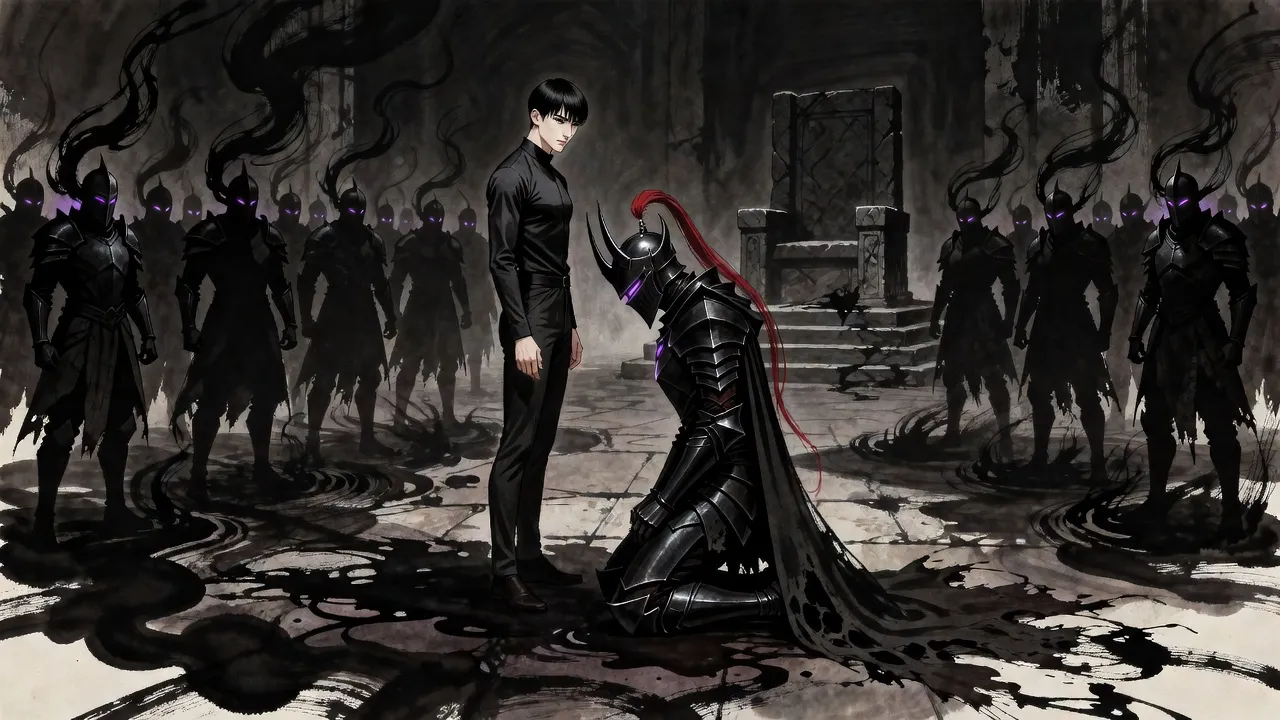Armoured knights rise out of a floor of black ink as shadows around a standing man, and a black knight with a long red plume kneels before him.