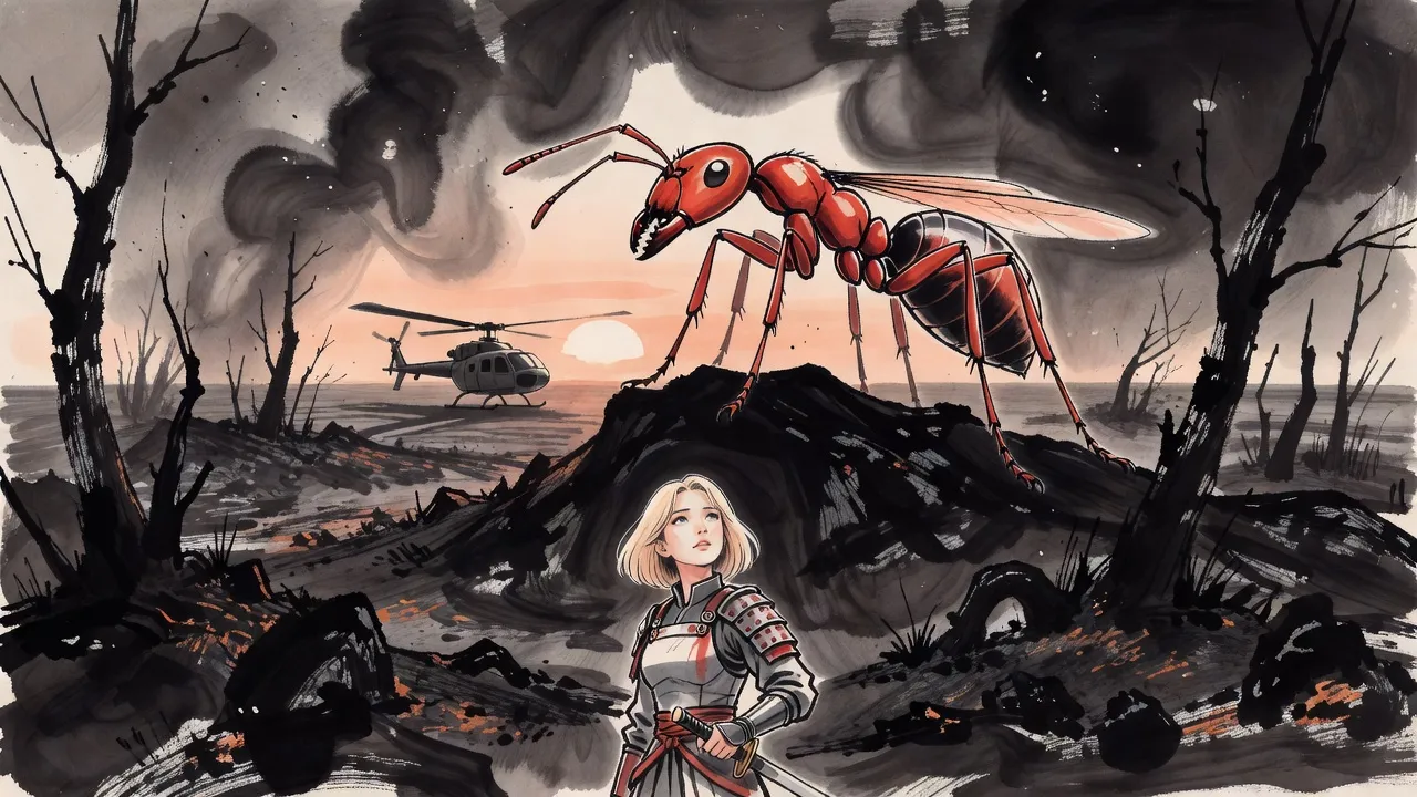 At dawn a helicopter rests on a burnt island ridge while a woman in light armour looks up at a giant ant spreading new wings above her.
