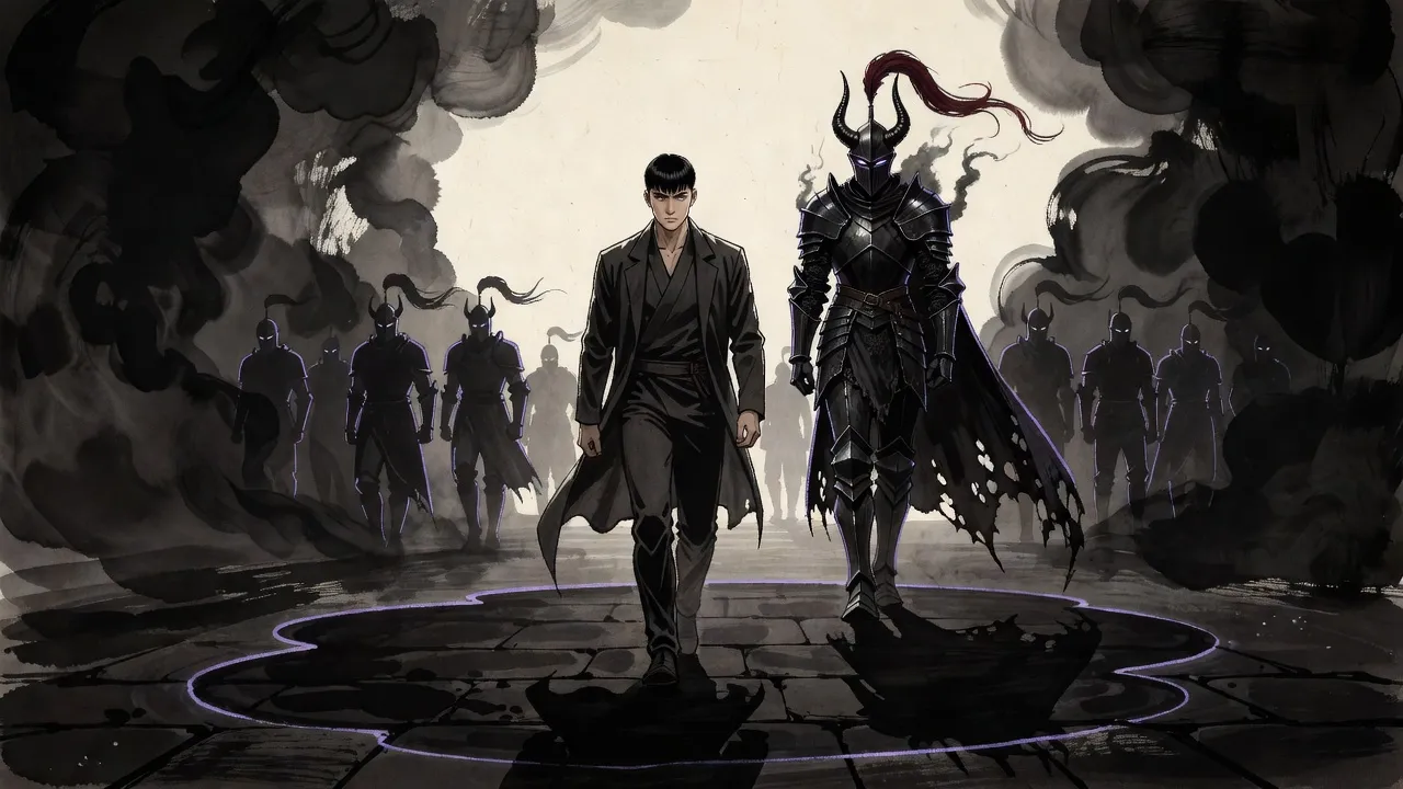 A young man in a long dark coat walks forward while a dark knight with a long plume and ranks of smoke soldiers rise out of his spreading shadow behind him.