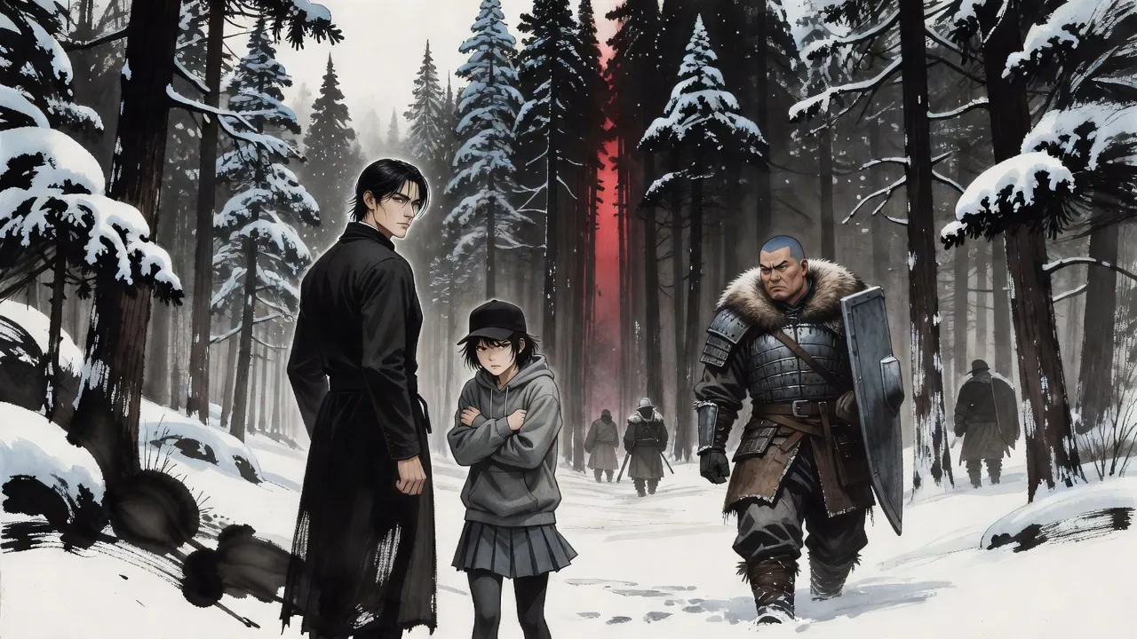 A small party of hunters in a vast snowbound forest looks back at a crimson rift closing behind them.