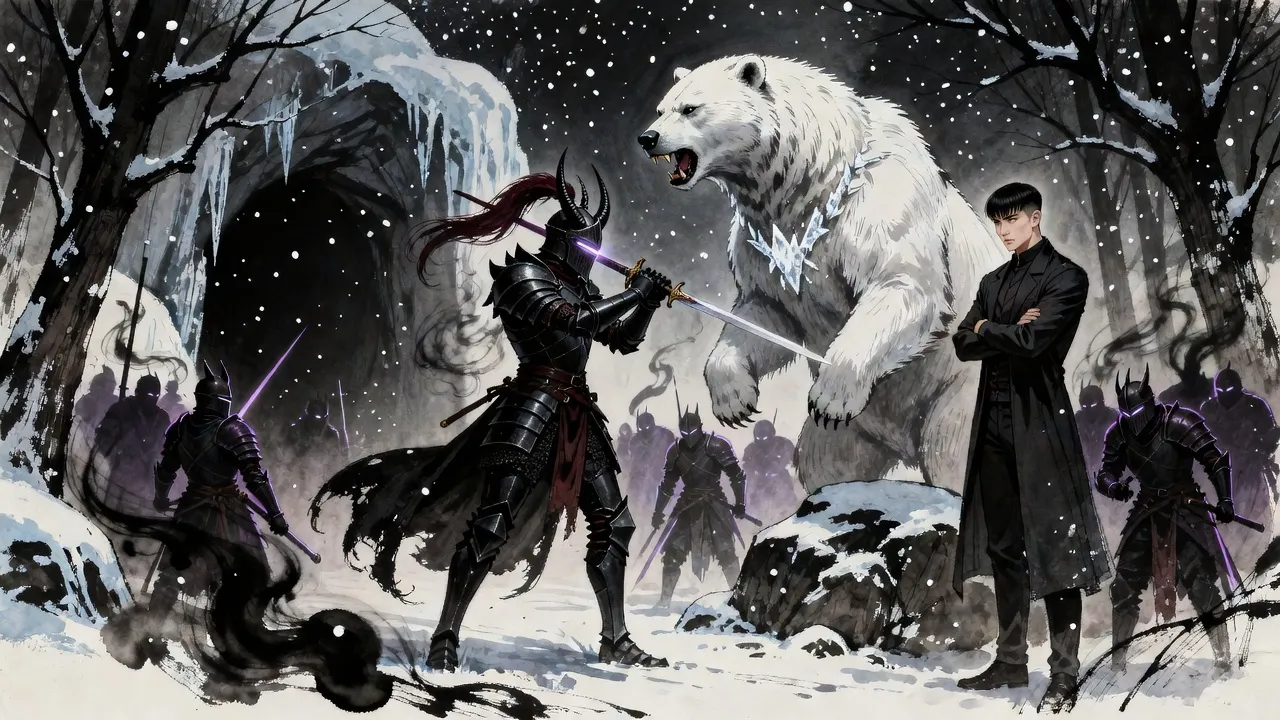 A dark knight with a long plume raises his sword against a huge rearing white bear in falling snow while smoke soldiers waver behind.