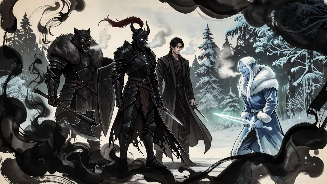 A hulking dark armoured warrior rises from a pool of shadow in the snow beside a dark knight, facing a smiling blue-skinned elf.