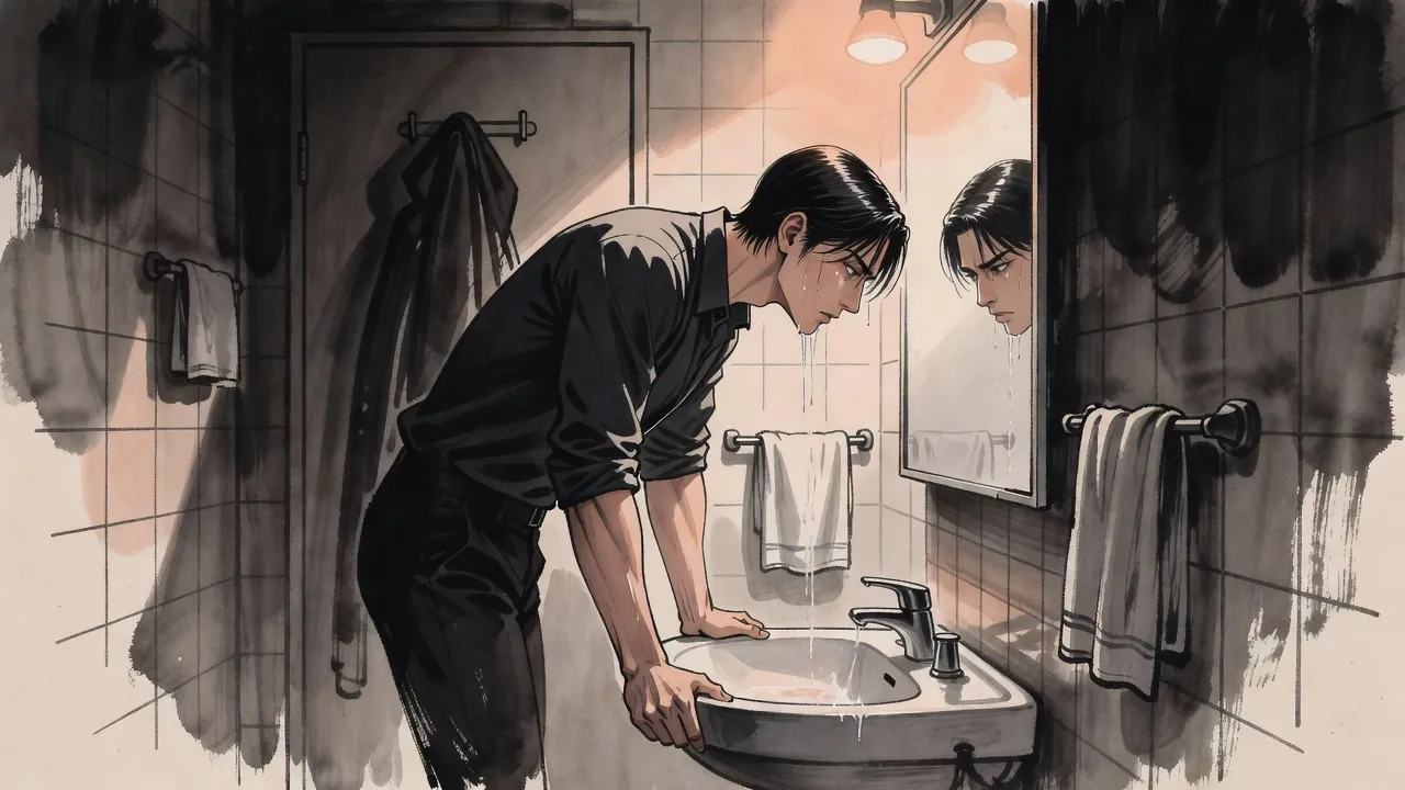 A young man bends over a bathroom basin at night, water running from his face, staring at himself in the mirror.