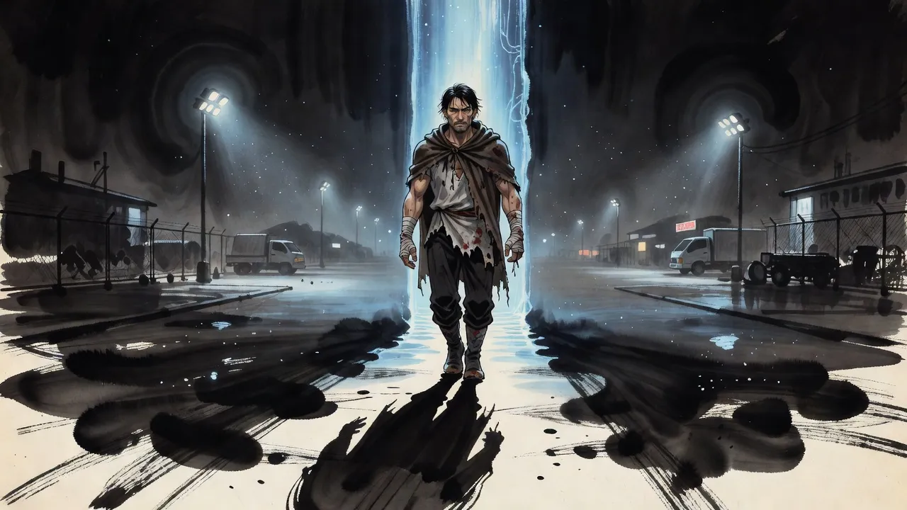 A weathered man in a tattered brown cloak walks out of a tall rift of blue light into a floodlit lot at night.
