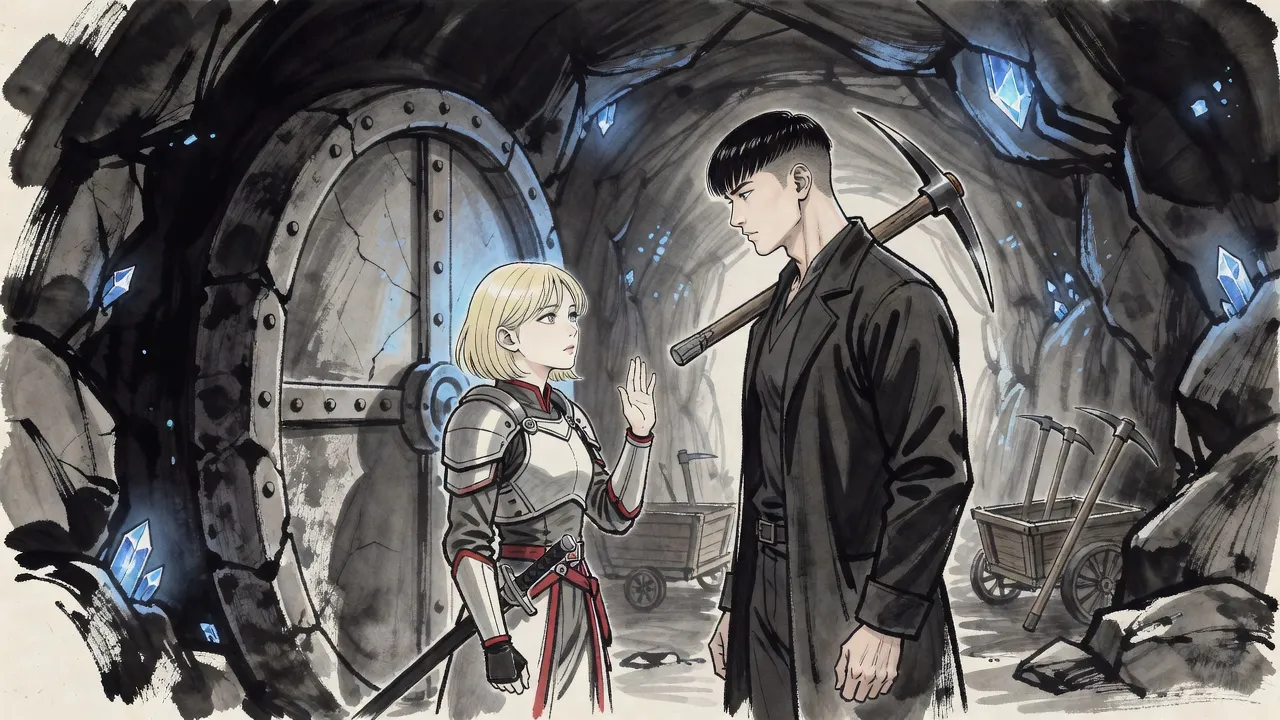 A slender blonde swordswoman blocks a great stone door in a mine tunnel lit by crystals, puzzled, as a young man with a pickaxe stops before her.