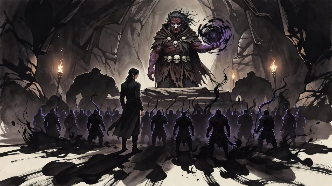 Ranks of smoke soldiers rise from a young man’s spreading shadow in a vast torchlit cave as a masked orc shaman looks down from a rock dais.